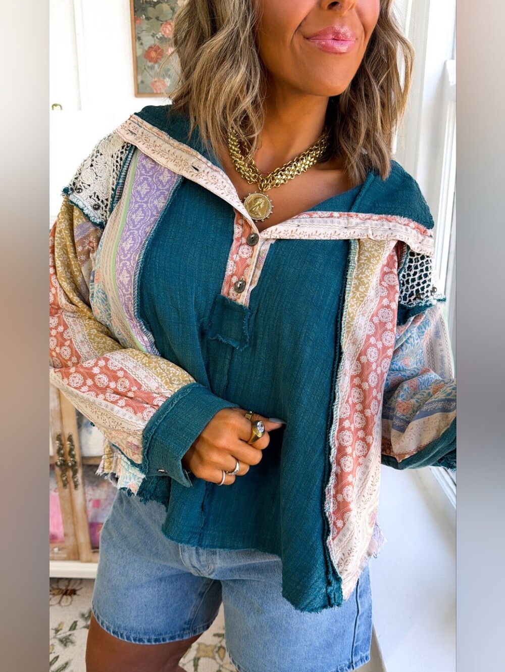 POL Teal and Pastel Multi-Panel Pullover - Picture 4 of 16